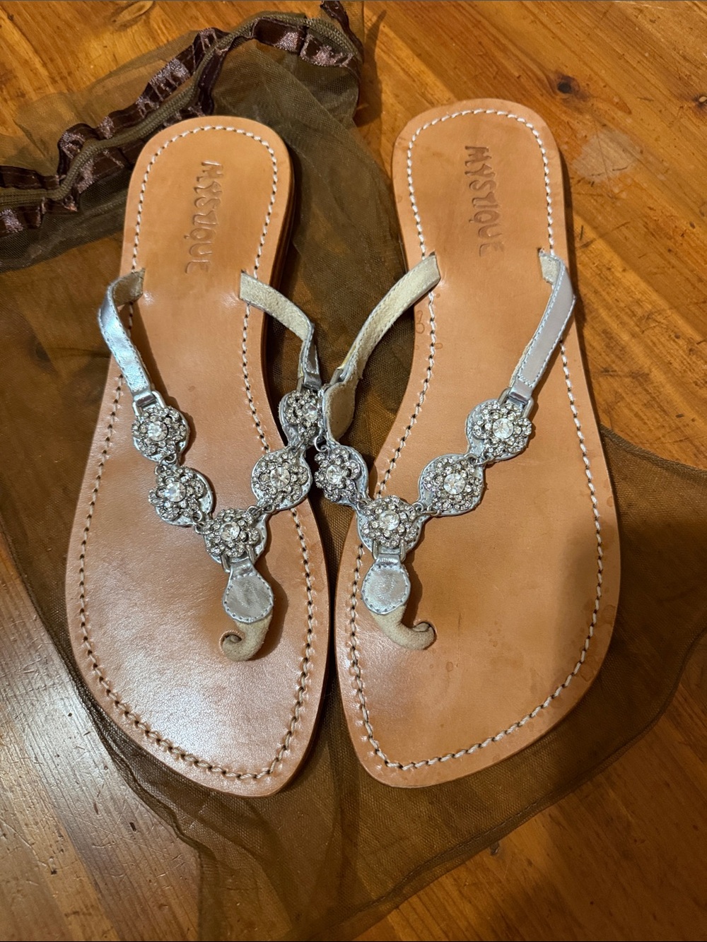 Mystique Boutique Silver Crystal-Embellished Thong Sandals